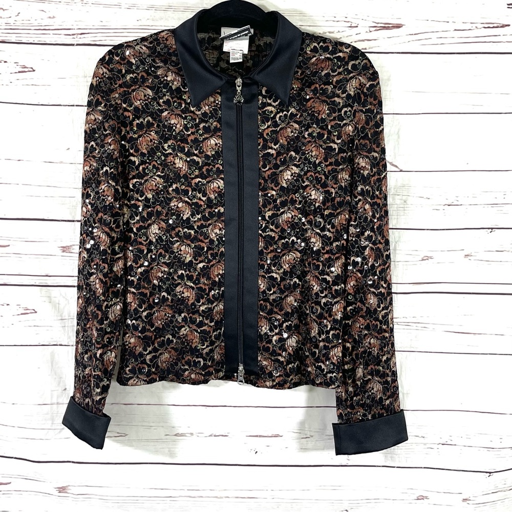 Joseph Ribkoff  Lace Top Womens Size 12 Black/Black Full Zip Sequin Long Sleeves